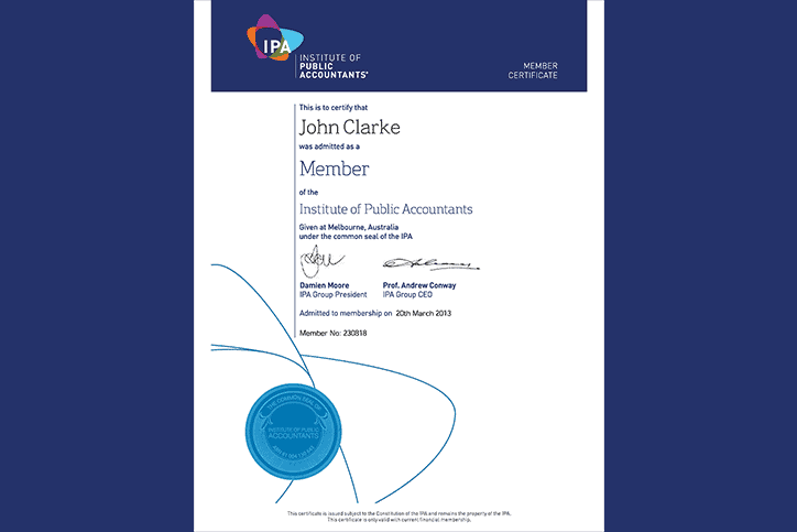 John Clarke, membership certificate – Institute of Public Accountants John Clarke, membership certificate – Institute of Public Accountants